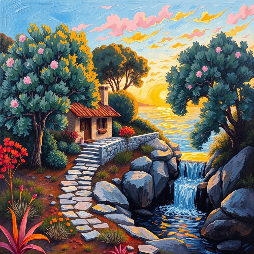 Serene Seaside Cottage in Sunset Glow with Expressive Brushs...