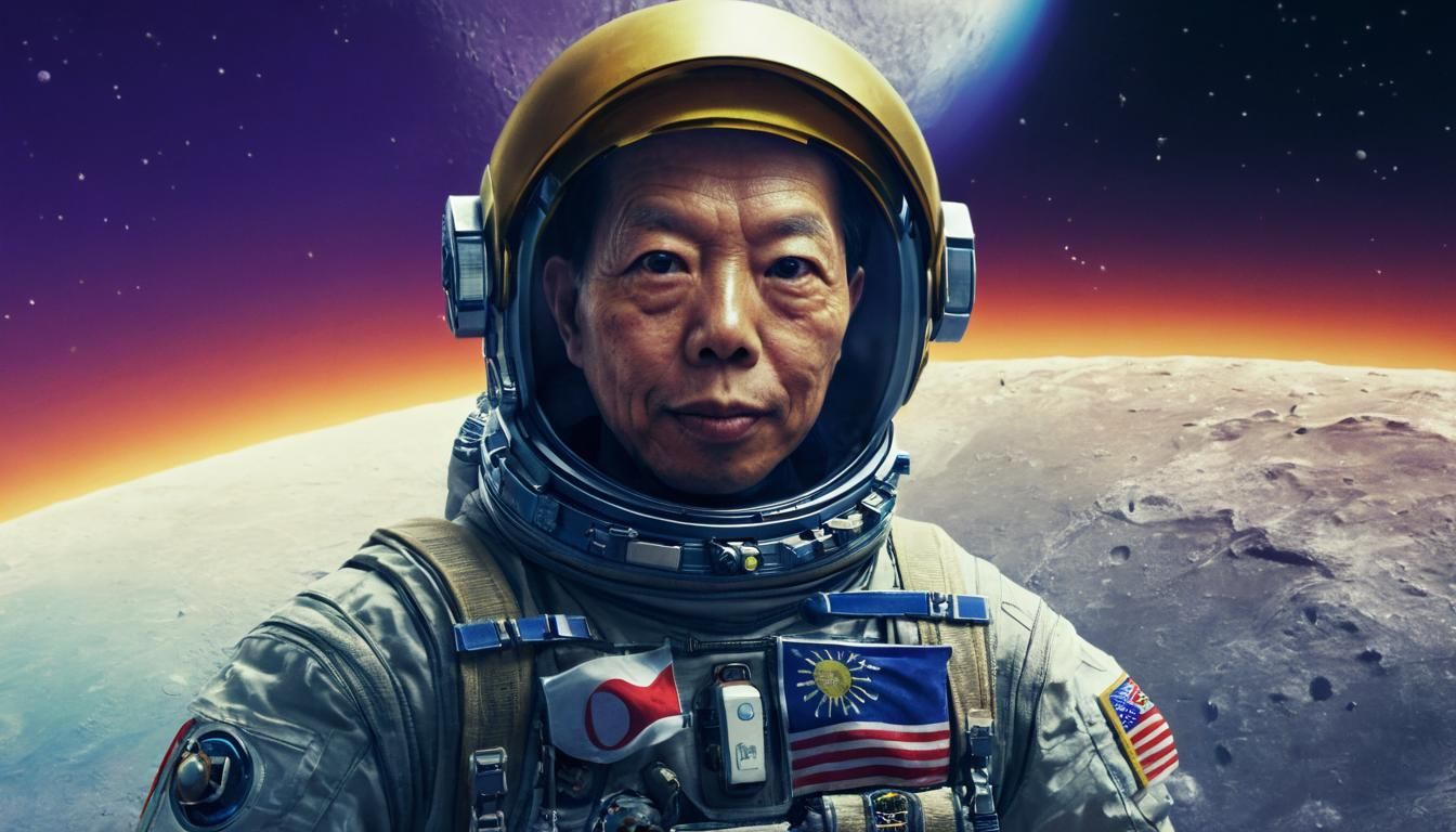 Astronaut Walks on Moon with Singapore Flag