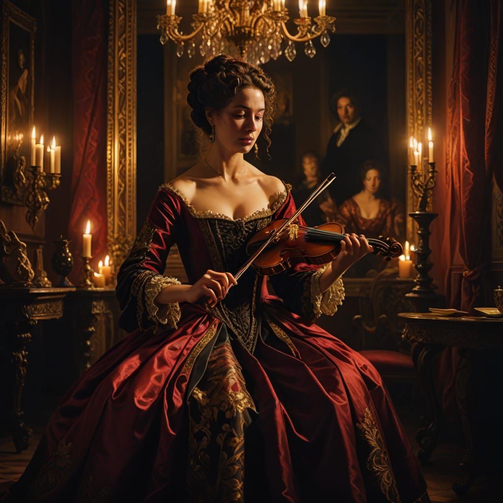Elegant Courtesan Performs Baroque Violin Serenade in Luxuri...