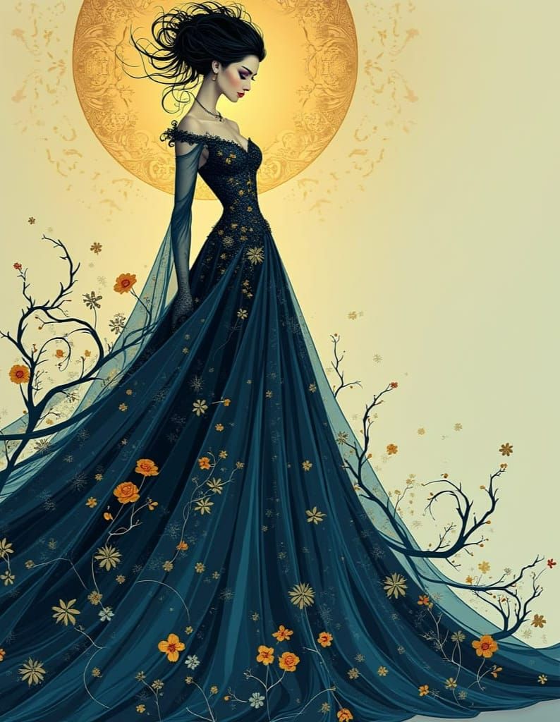 Surreal Lady in Dark Blue Robes with Floral Motifs