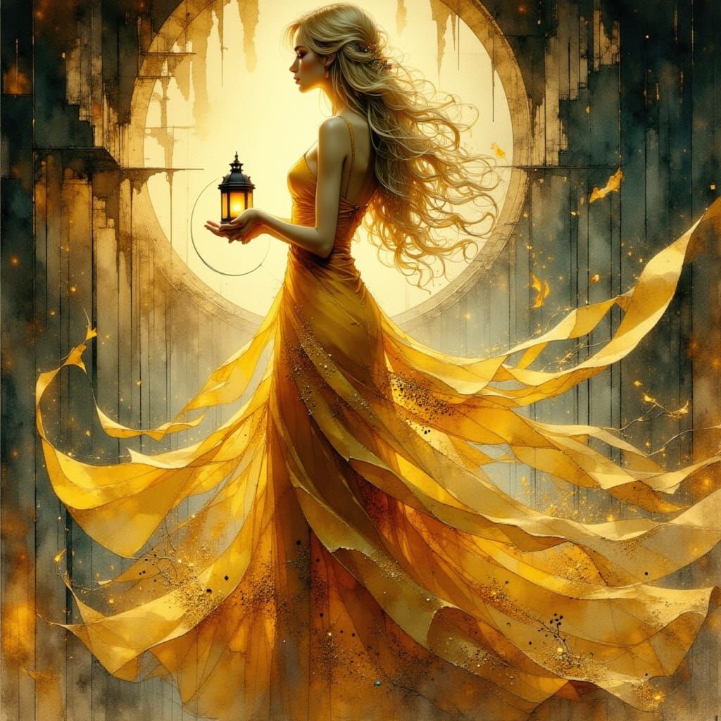 Woman with Golden Gown and Glowing Lantern