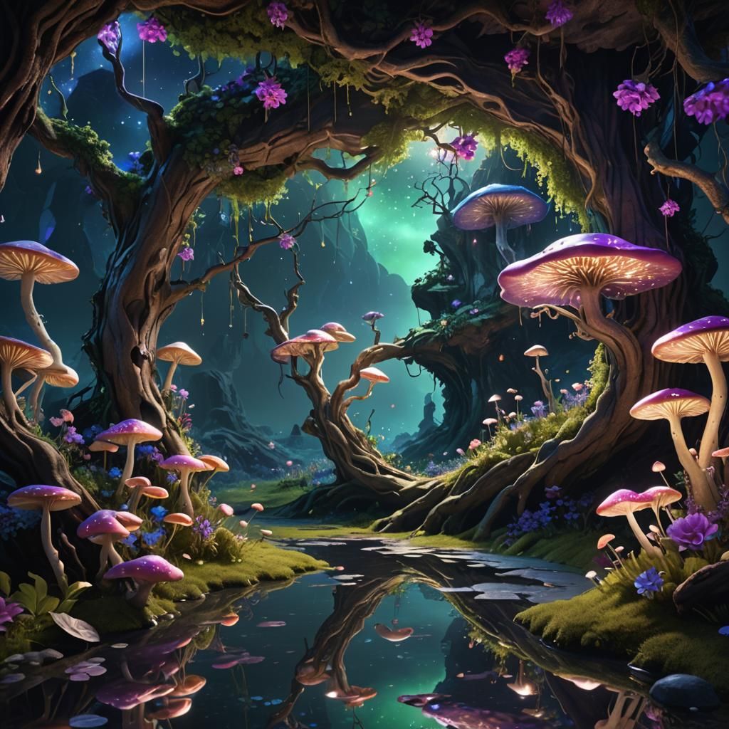 Mystical Cave Mirror: Art Nouveau Fantasy Scene
