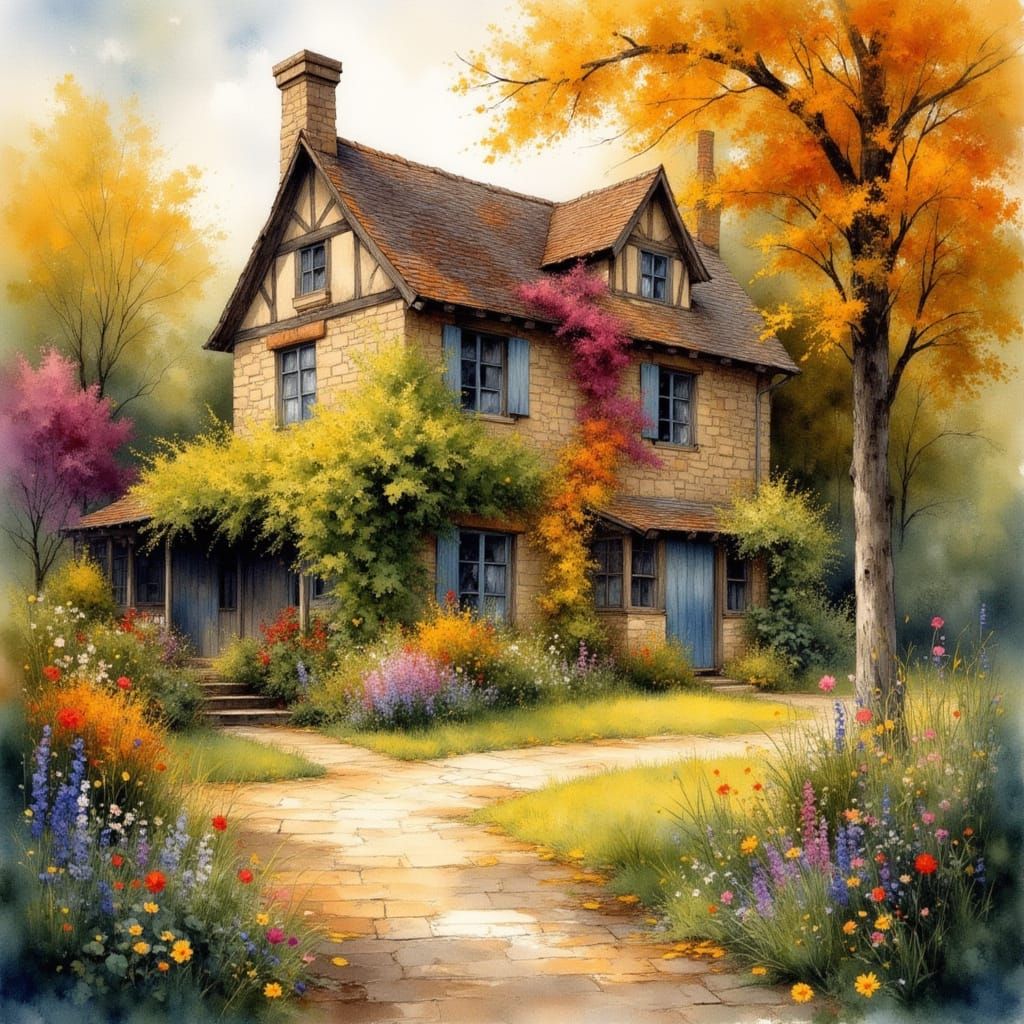 Quaint Cottage in Autumn Village: Folk Art Illustration