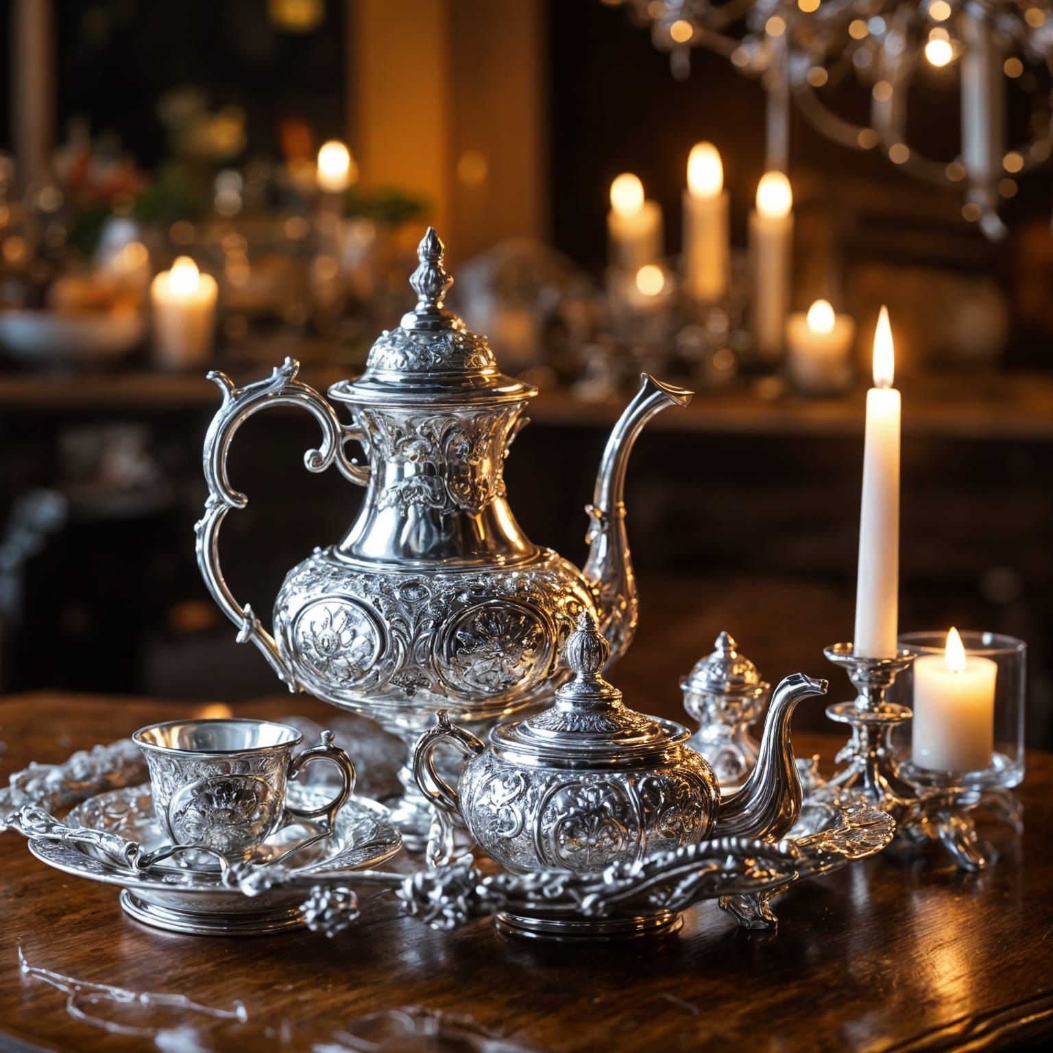 Luxurious Sterling Silver Tea Set in Detailed Realism