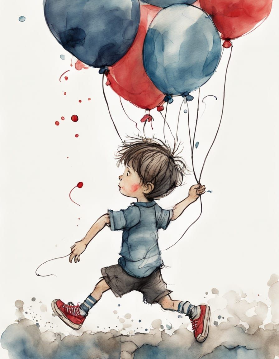 Whimsical Child in Oversized Trainers Holding Bright Balloon