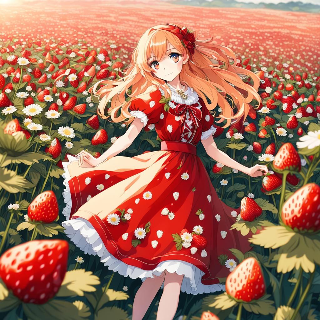Anime Girl with Strawberry Dress in Flower Field