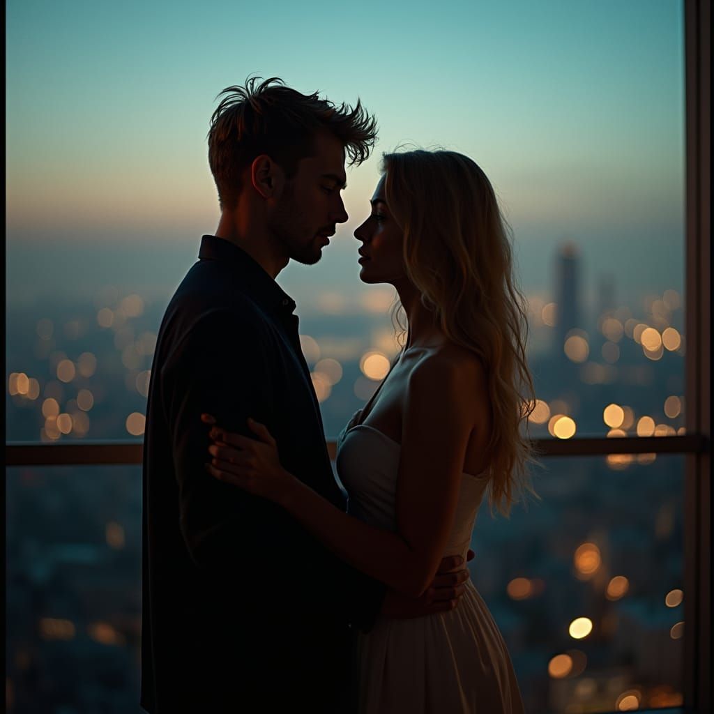 Intense Glances on a Terrace at Dusk: Cinematic Film Still