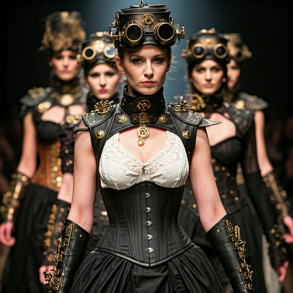Steampunk Models on Catwalk in Dramatic Portrait Style