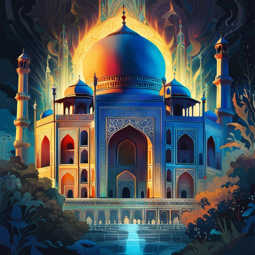 Bioluminescent Taj Mahal Digital Painting with Luminous Colo...