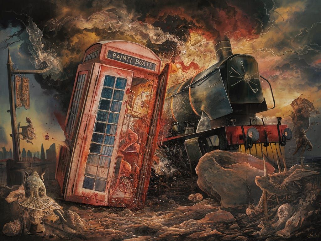 Surrealist Seaside Scene with Fragmented Forms and Bold Colo...