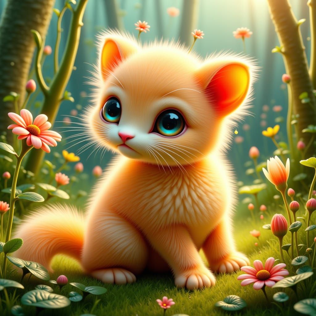 Whimsical Flower Kitten in Sun-Dappled Garden
