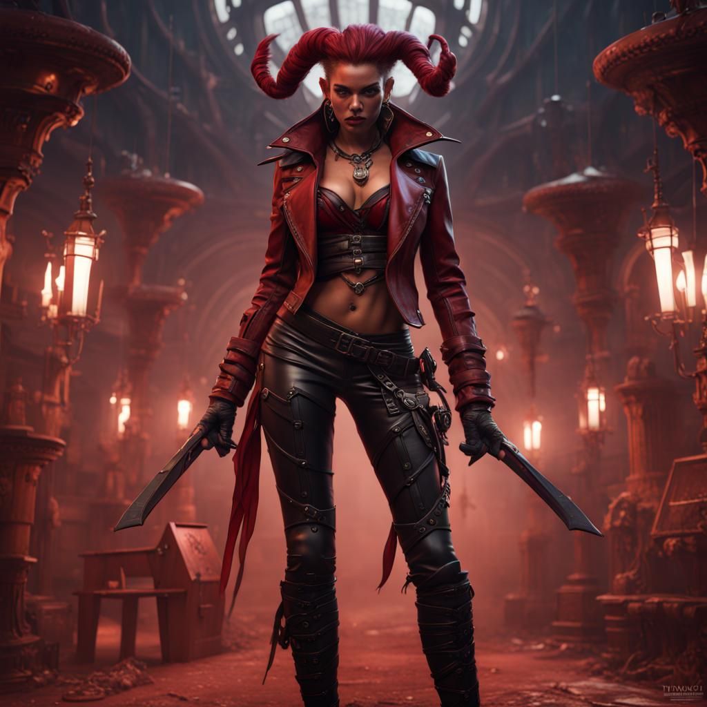 Futuristic Pirate Tiefling Woman: Detailed Matte Painting