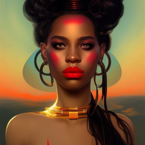 Black Goddess Portrait with Red Lips and Sunset