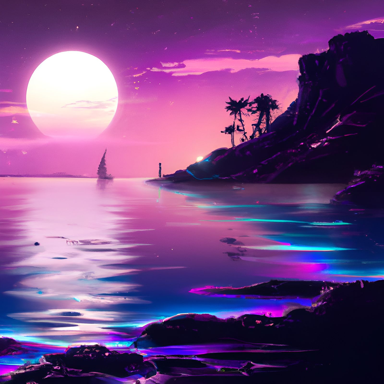 Synthwave Moonlit Sea Digital Art