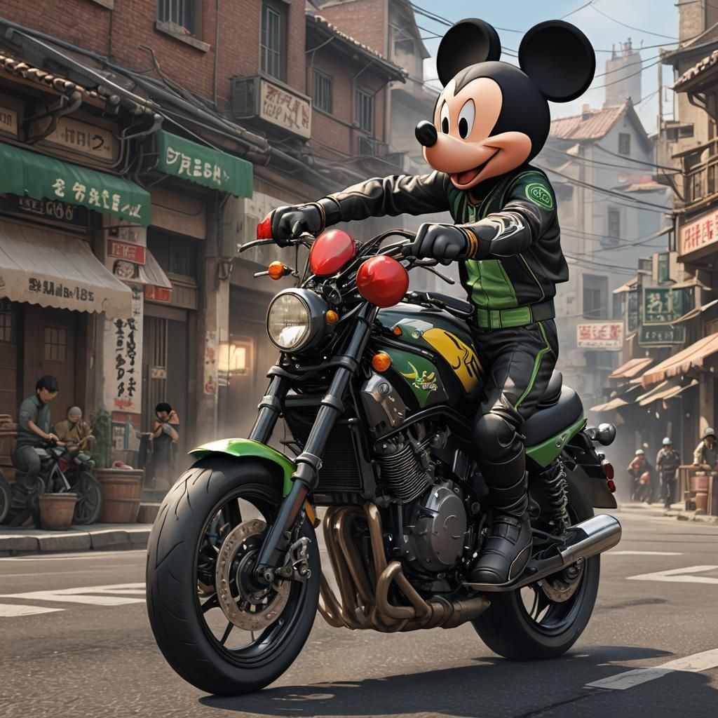 Mickey Mouse Stunt on Kawasaki, Anime Style