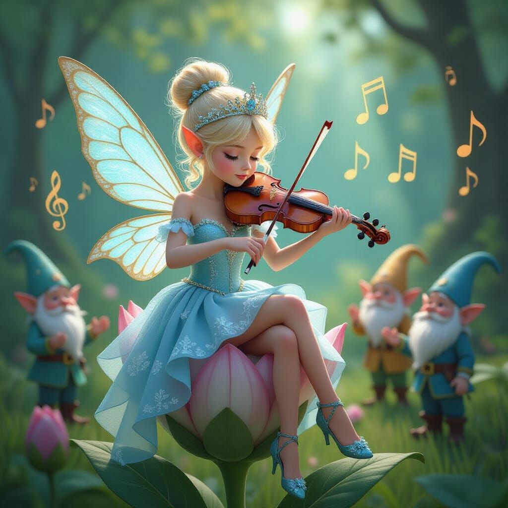 Fairy Plays Violin in Enchanted Forest, as CGI Art