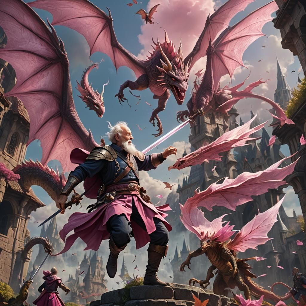 Fantasy Art: Old Man Fairy Knight Above Dragons