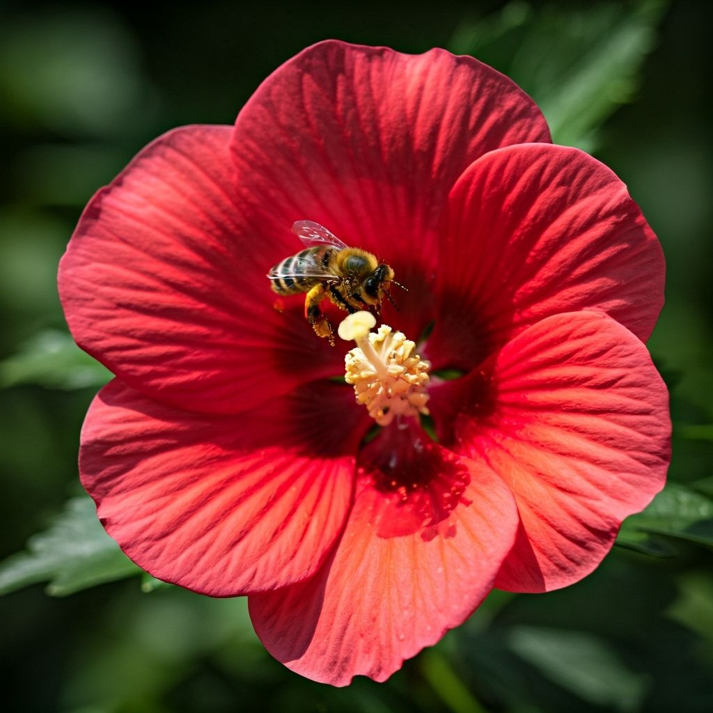 Bee Covered in Pollen Inside Red Hibiscus Flower