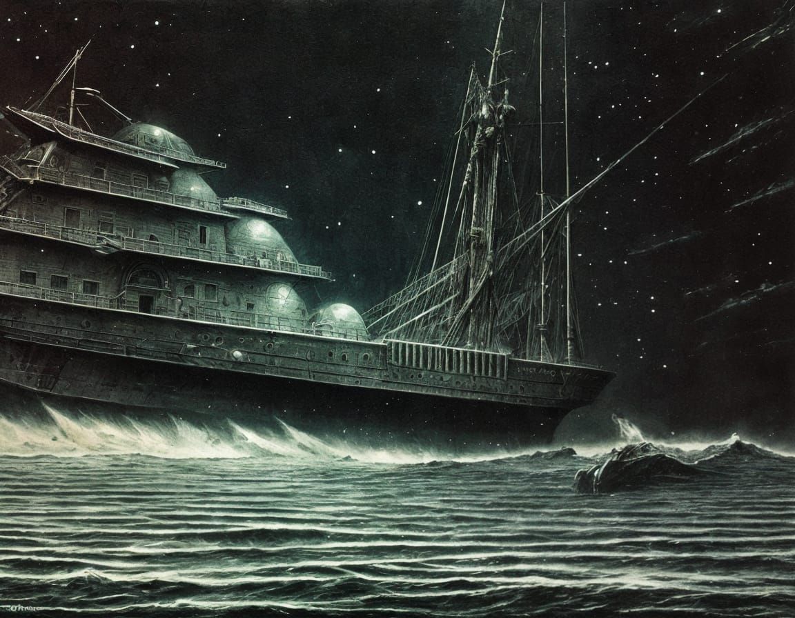 Surreal Ghost Ship in Dark Night