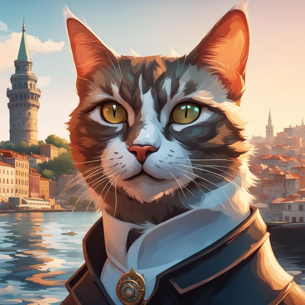 Cat Portrait with Istanbul Towers, Detailed Concept Art