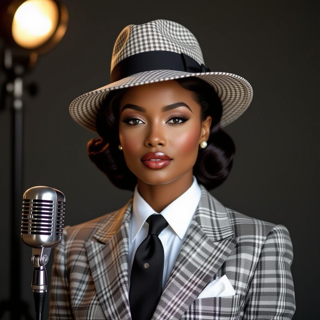 Elegant Black Woman in Checkered Suit, Vogue Style