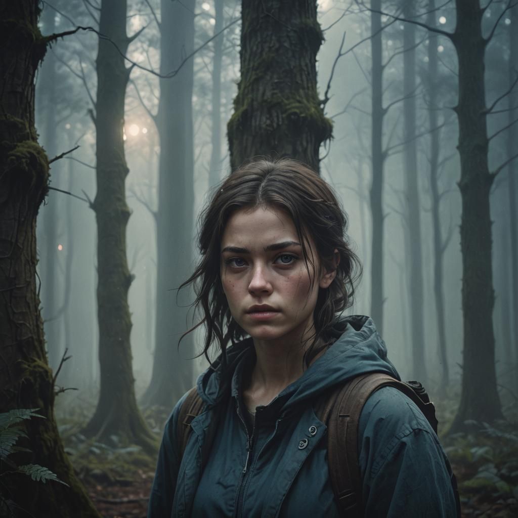 Woman in Misty Forest: Cinematic Digital Art