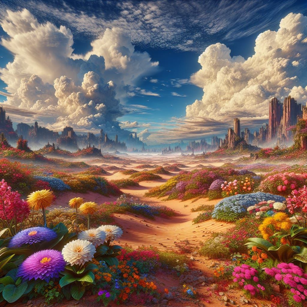 Vibrant Desert Flowers Under Blue Sky: Matte Painting