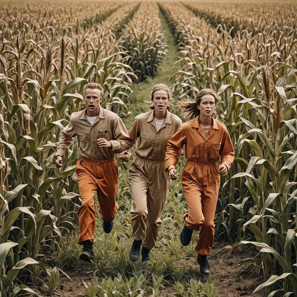 Escaped Convicts Running Through Cornfield in Cinematic Styl...