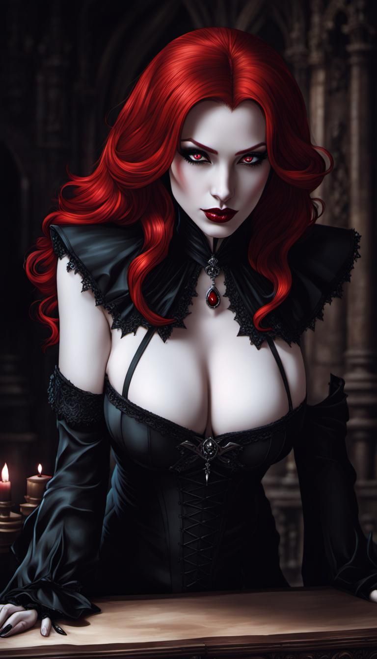 Redhead Vampire in Gothic Castle: Dark Fantasy Art