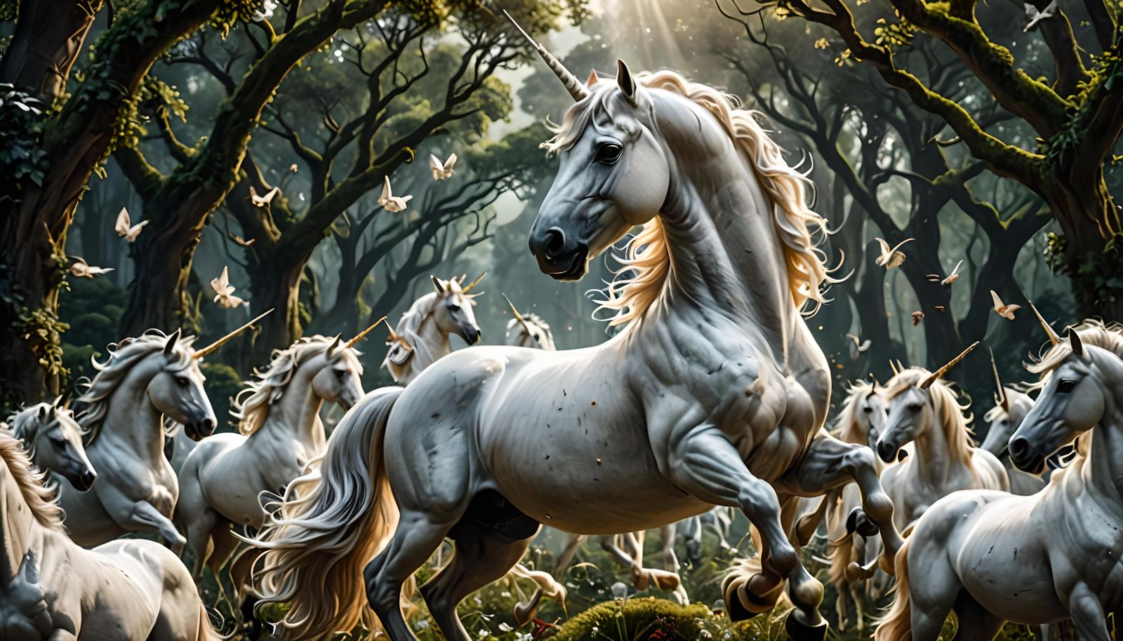 Rearing White Unicorn with Pixies in Glen