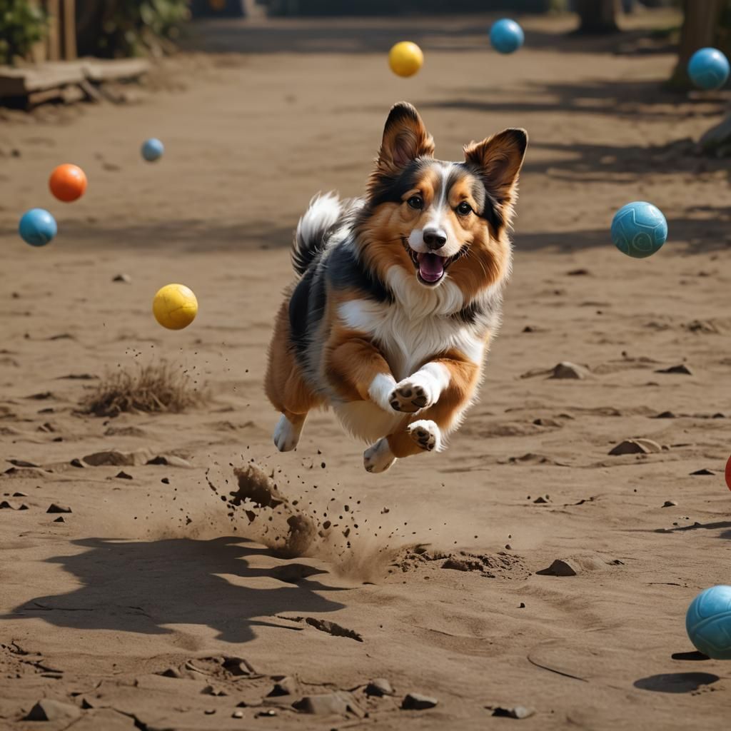 Sheltie Dog Chasing Ball in Detailed Digital Painting