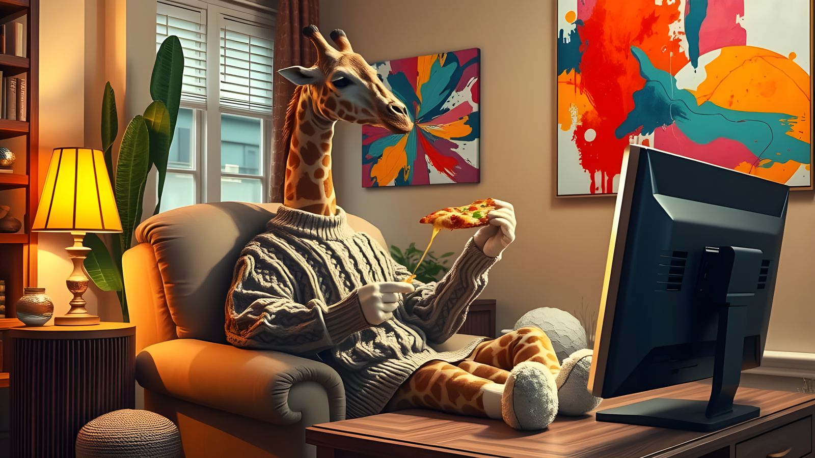 Cozy Giraffe Watching TV with Pizza