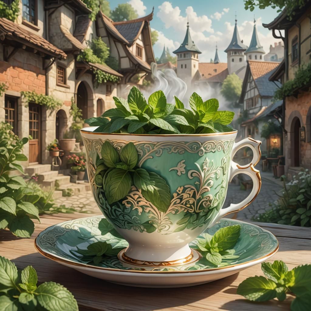 Majestic Mint Teacup in Serene Village: Digital Painting