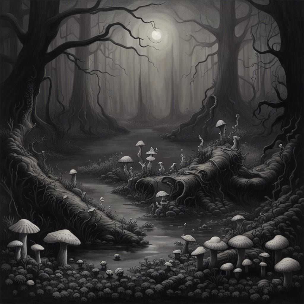 Eerie Gothic Forest with Gravestones and Fungi