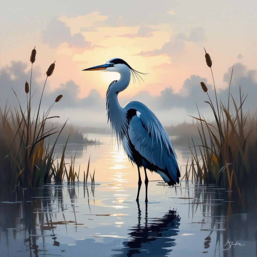Heron in Misty Marsh at Dawn as Impasto Painting