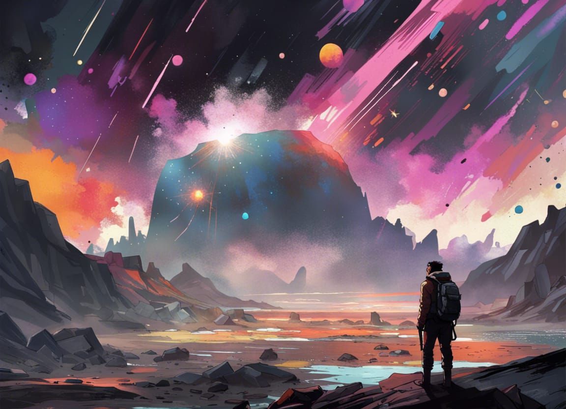 Disco Elysium-inspired, 16k resolution cosmic scene, a desolate, desaturated space landscape contrasted with bright burs...