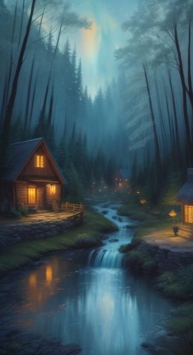 Fantasy Village at Twilight: Vibrant Oil Painting