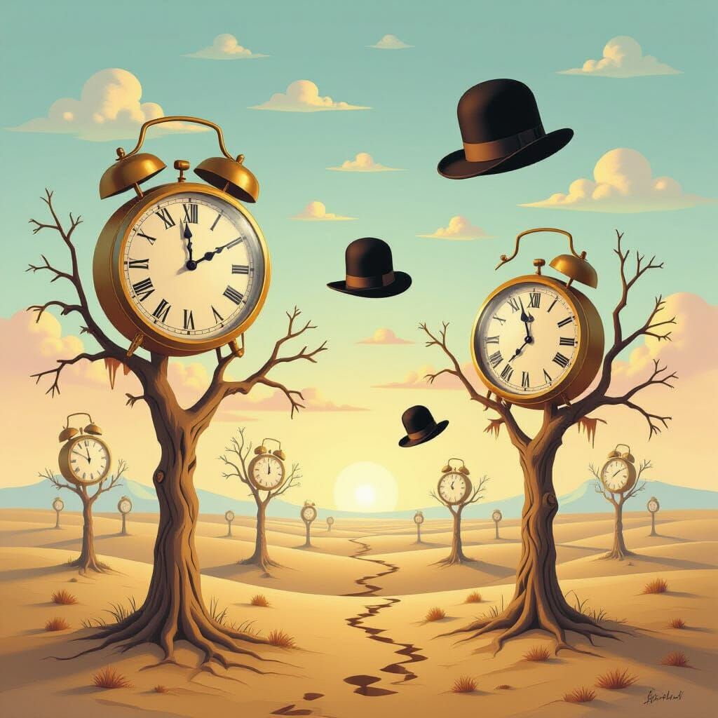 Surreal Desert Landscape with Melting Clocks and Floating Ha...