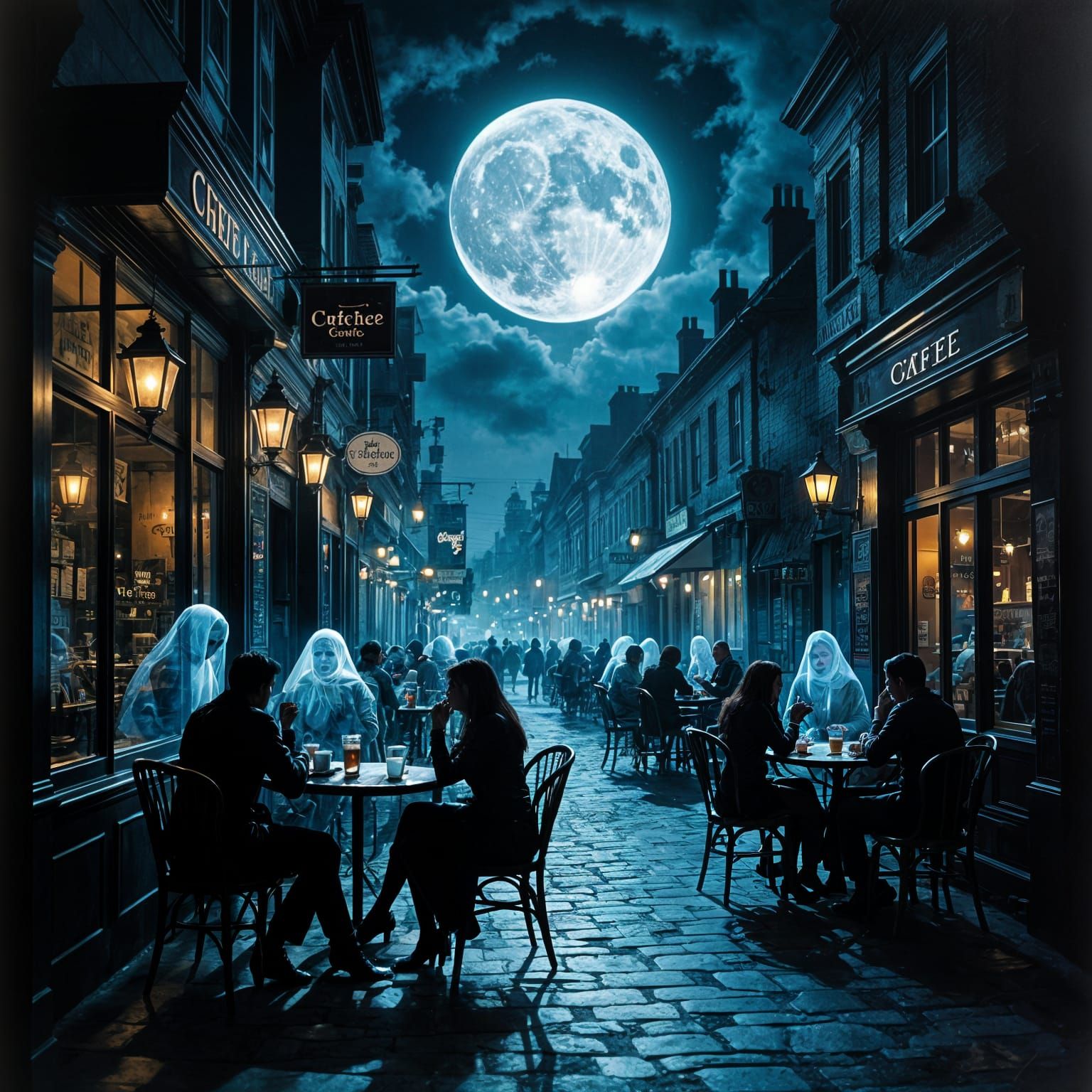 Ghostly Patrons in Surreal Double Exposure Cafe