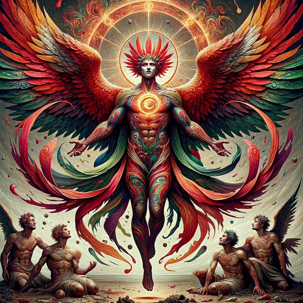 Epic Depiction of Apollo with Fiery Armor and Wings