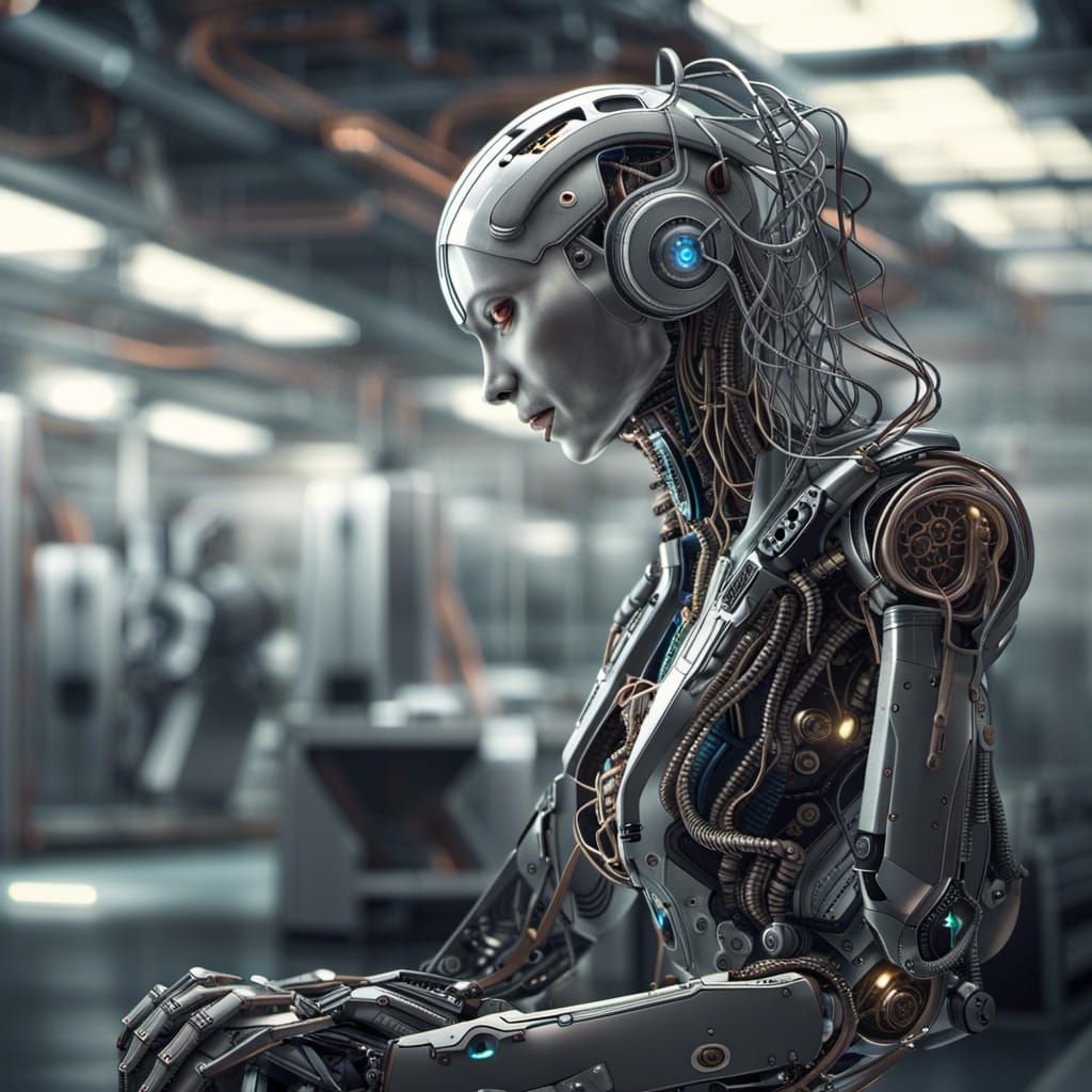 a close up of a robot with headphones on, digital art, cgsociety contest winner, female cyborg in data center, metal bra...