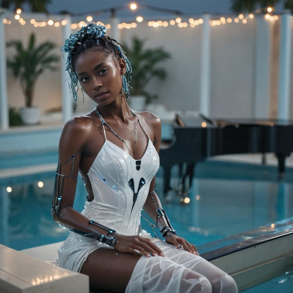 Cyberpunk Robot Plays Piano at Twilight