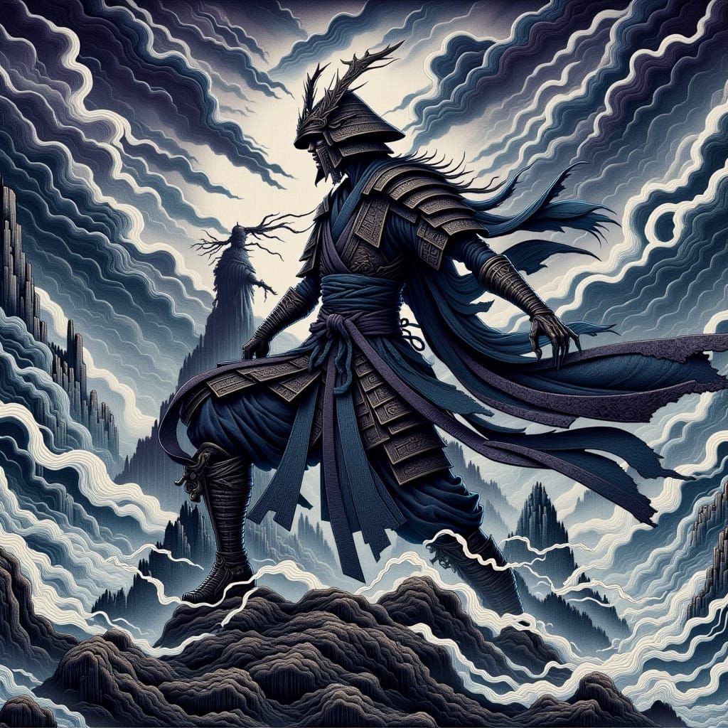 Samurai Warrior Overlooking Stormy Sea in Ukiyo-e Style