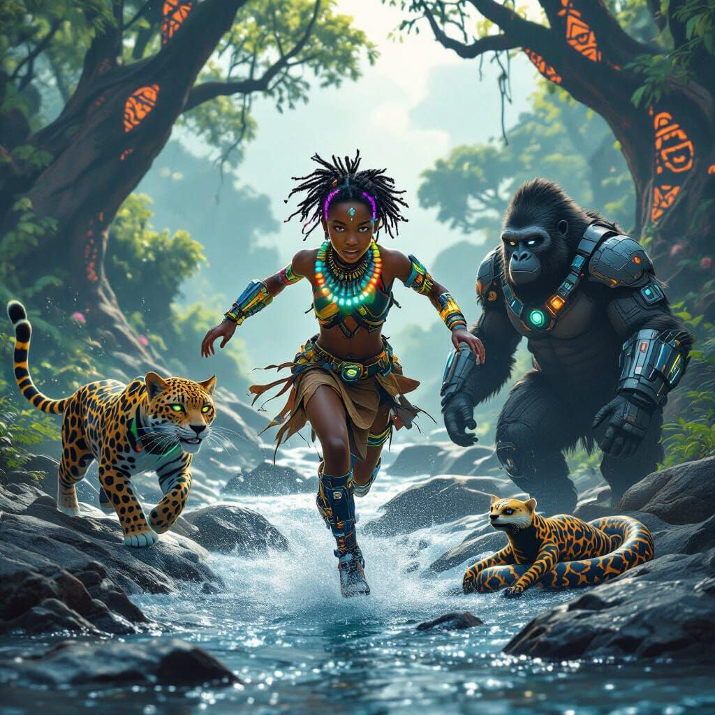 Afrofuturist Jungle Girl with Cybernetic Companions