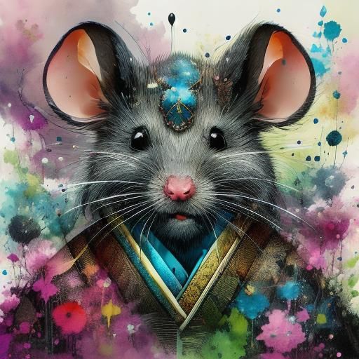 Mouse Warriors Courting Geisha Mice in Ink Style