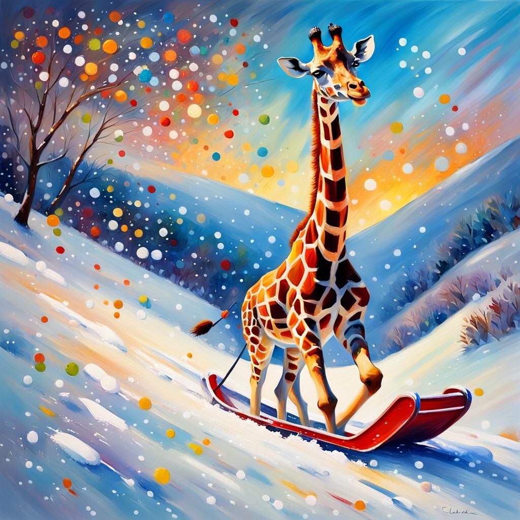 Giraffe Sledding Downhill: Impressionist Oil Painting