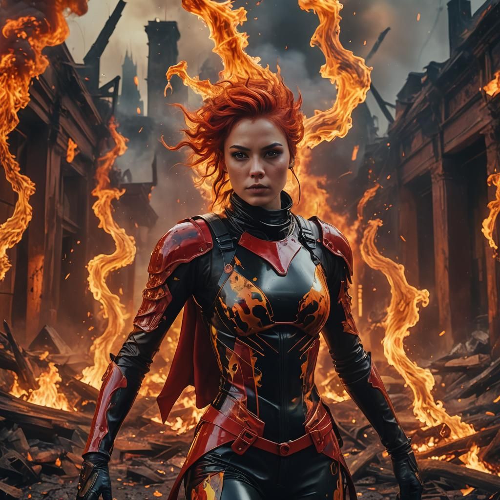 Woman in Latex Portrait Against Raging Fires
