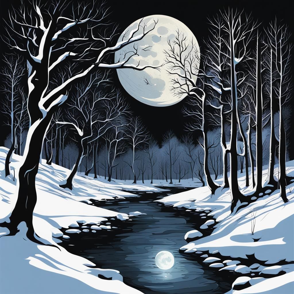 Dark Forest with Snow and Bright Moon