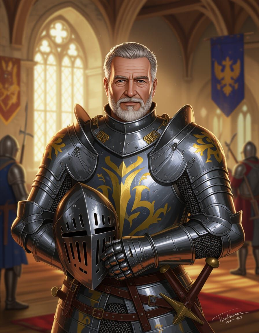 Proud Knight in Medieval Hall, Hyperrealistic Concept Art
