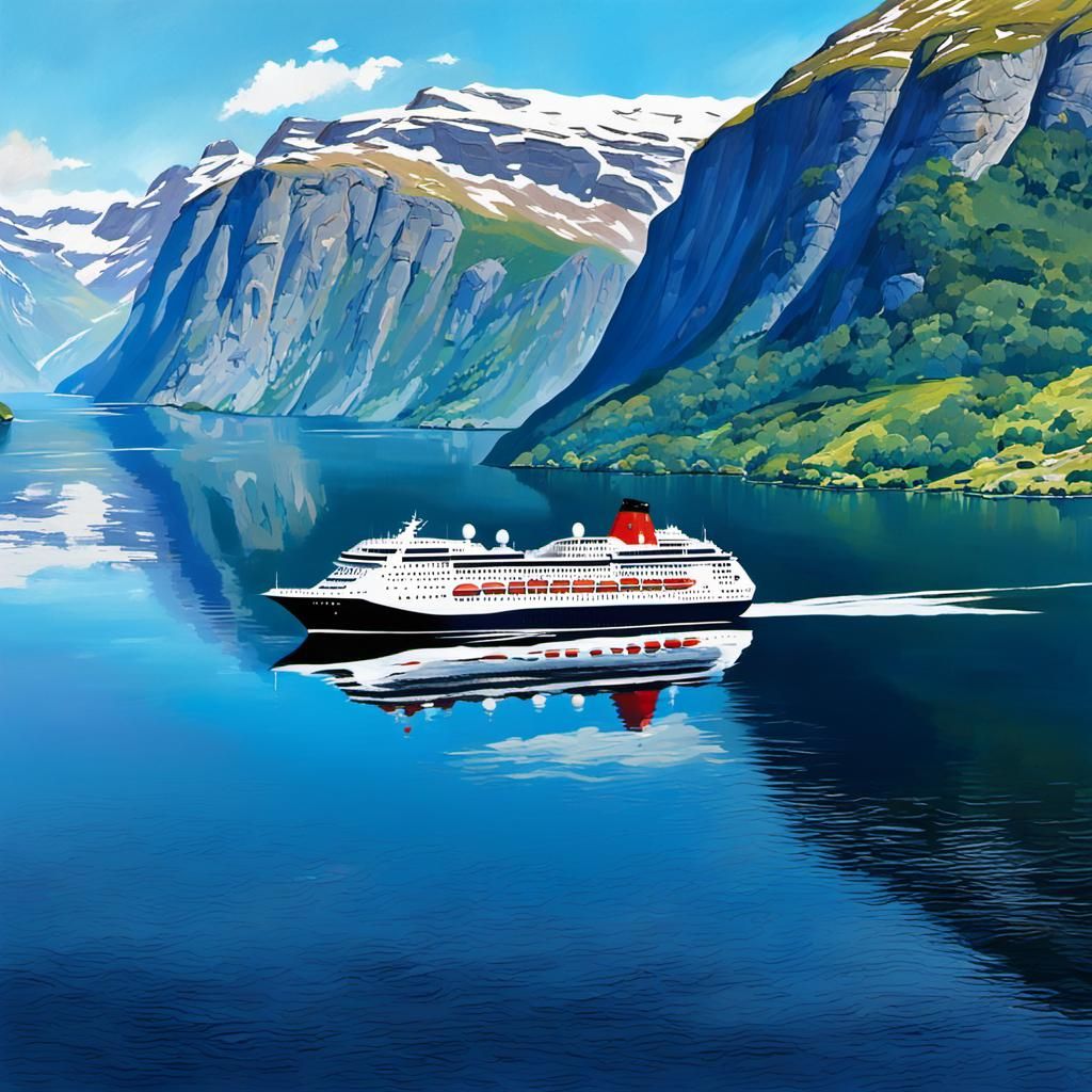 Cruise Ship in Geirangerfjorden: Oil Painting